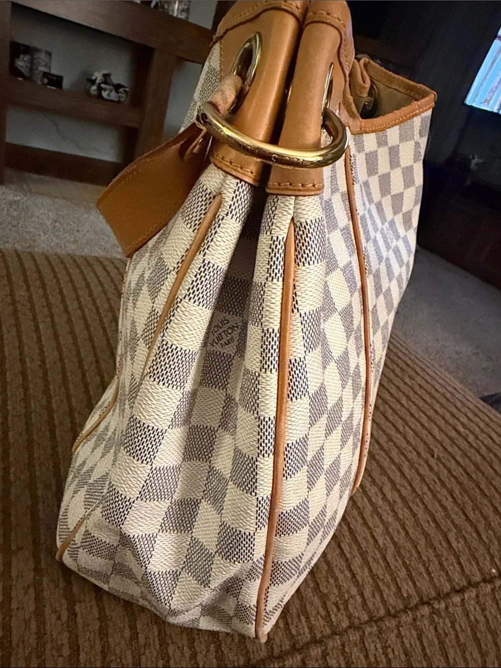 Louis Vuitton Damier Azur Galaria Canvas Shoulder Bag in White and Tan Leather